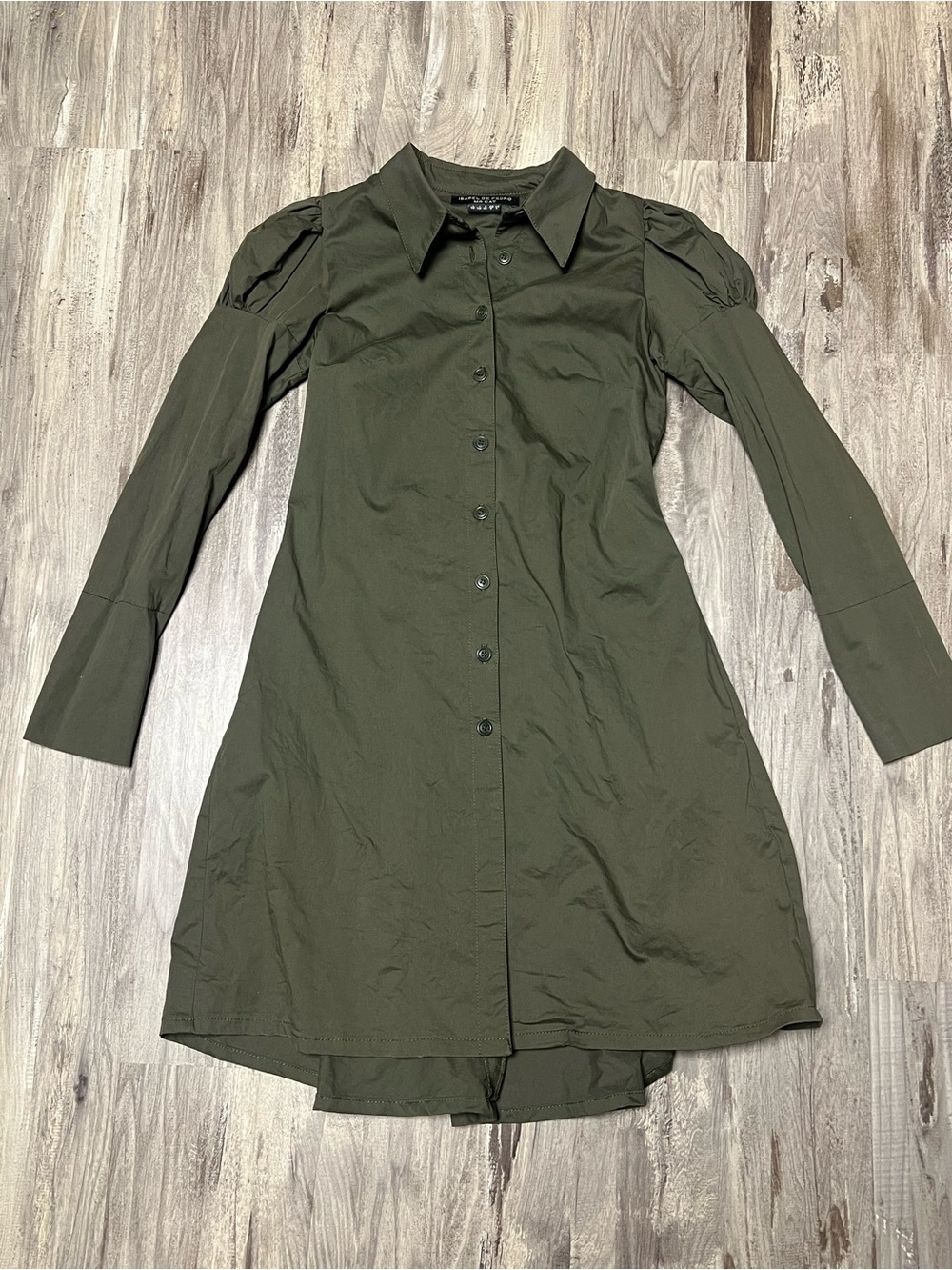 VTG Isabel de Pedro Khaki Green Corset Lace Up Back Puff Sleeve Shirt Dress 4